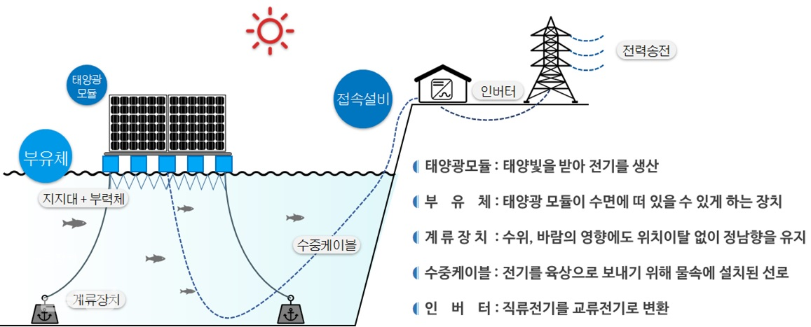 수상 태양광 발전 구조물 예시(계류선 계류 방식)