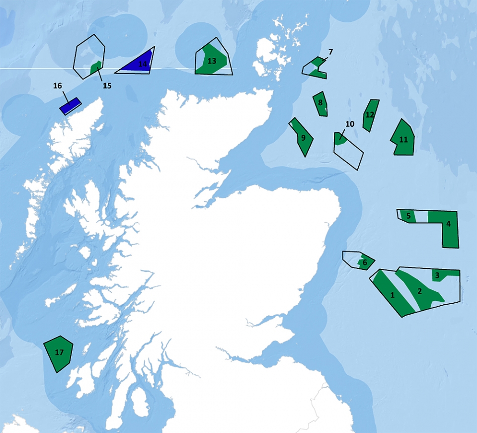 영국 스코틀랜드 지역을 중심으로 한 해상풍력 개발계획인 스코트윈드(ScotWind)의 17개 지구에 대한 사업자 선정결과가 최근 발표됐다. 노스랜드파워는 2개 개발지구(파란색) 사업권을 확보해 2.3GW 규모 해상풍력 프로젝트를 추진할 계획이다.(사진=크라운 에스테이트 스코틀랜드)